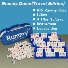 Doublefan Rummy Set,Travel Size Rummy Game with Durable Canvas Bag, Classical Rummy Game for Adult and Kids,106 Tiles, 4 Playing Rack, 1 Dice (2-4 Players)