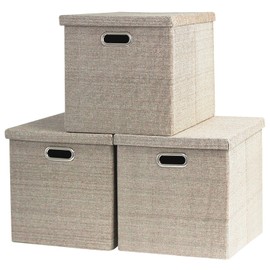 EITMOW Storage Bins with Lids,13 x 13 Inch Foldable Fabric Cube Baskets Boxes Organizer for Closet, Shelves, and Home. (Khaki, (13x13) 3 pack)