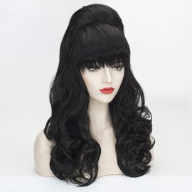 PORSMEER Long Wavy Black Wig Beehive Wig Women's Beehive Wig Vintage Wig Baroque Baroque Big Bouffant Beehive Wigs for 50s 80s Costume, Priscilla Presley Wig