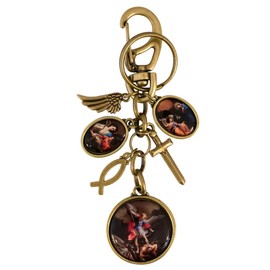 Saint Michael the Archangel Keychain | Full Color Saint Medals and Bronze-Tone Christian Charms | Sword, Fish, and Angel Wing | Great Catholic Gift for Confirmation, Bronze, Large