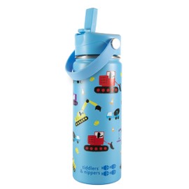 Tiddlers & Nippers Vakuumisolierte doppelwandige Kinder-Wasserflasche aus Edelstahl, mit auslaufsicherem Strohhalm, 500 ml, hält 24 Stunden kühl und 10 Stunden warm (Bagger und LKW)