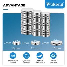 Wukong Magnets Set in 3 Sizes, 50 pieces 10mm/12mm/15mm x 3mm Thick Strong Fridge Magnets Mini Magnets for Magnetic Board, Pin Board, Whiteboard, Refrigerator Home Office