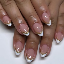 ANDGING White Almond Press on Nails Short French Tip Glue on Nails with Gold Line Designs Classy Acrylic Fake Nails for Women Wedding Fantasy Manicure False Stick on Nails 24 Pcs