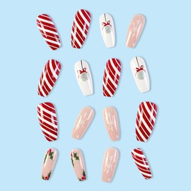 24 Pcs Christmas Press on Nails Long Glue on Nails Set Christmas Fake Nails with Red White Stripe Snowflake Designs Glossy Coffin Acrylic Nails Winter Xmas False Nail for Women Nail Art Decorations