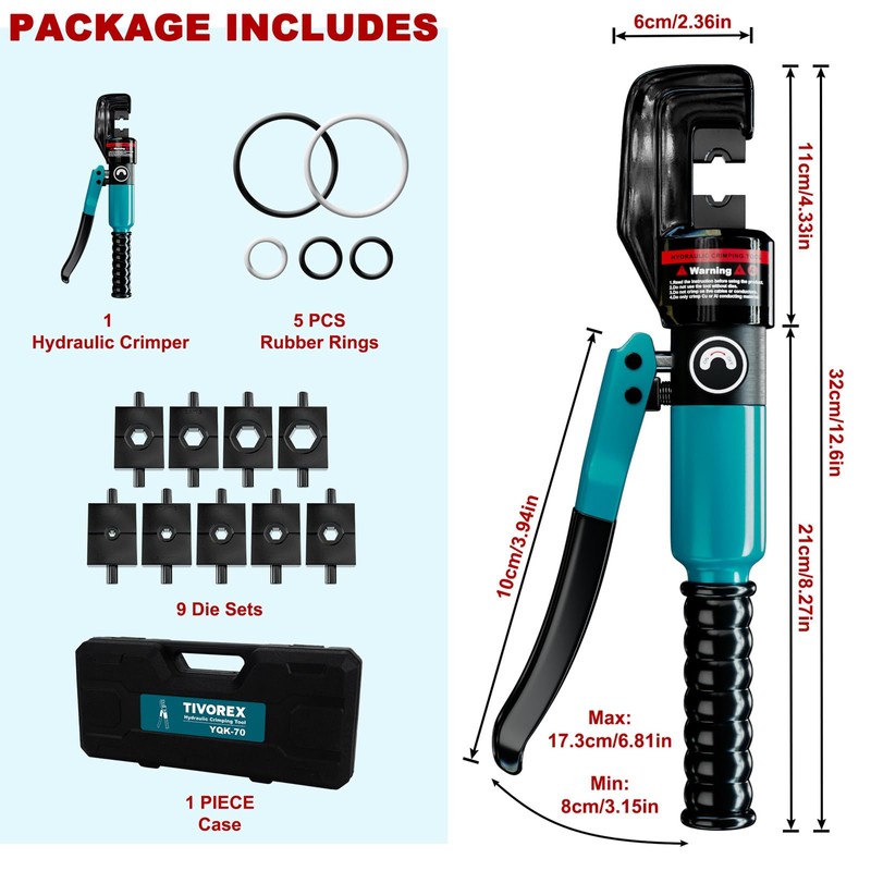 Tivorex Hydraulic Crimping Tool with 9 Dies, Battery Cable Lug