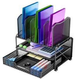 Simple Trending-File Organizer for Mesh Desk, Office Supplies Desktop Storage with Sliding Drawer, Double Tray and 5 Upright Section Sorter Organizer, Black