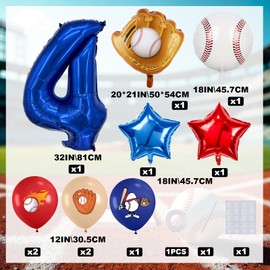 Zailo 32 Inch Baseball Theme Foil Number large Balloons Numbers 0-9 Supplies for Birthdays Navy Blue Red and White Sports Party Supplies Mylar Metallic Film Boys Decorative Arch Set (Number 4)