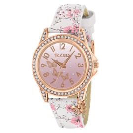 Tikkers Rose Gold Case Flower Printed Butterfly Charm Watch - NTK0029