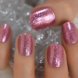Coolnail Gorgeous Shimmer Rose Gold Fake Nails Short Round UV False Press on Nails for Girl Full Cover Easy Wear Finger Nail Art Tips