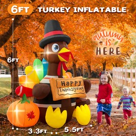 Opemon 6FT Thanksgiving Inflatables Turkey Blow Up with Built-in Led Lights for Outdoor Holiday Yard Lawn Air-Blown Decorations