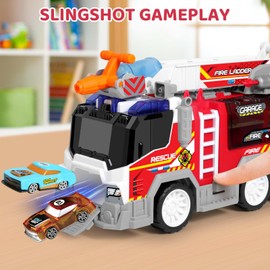 Big Fire Trucks for Toddlers 3 4 5 6 7 with 2PCS Ejecting Race Cars 18-Inch Ladder Lights Sprinkler Pump & Water Shooting Big Emergency Vehicle Firetruck Toys Christmas Birthday Gifts Boy Toys Girl