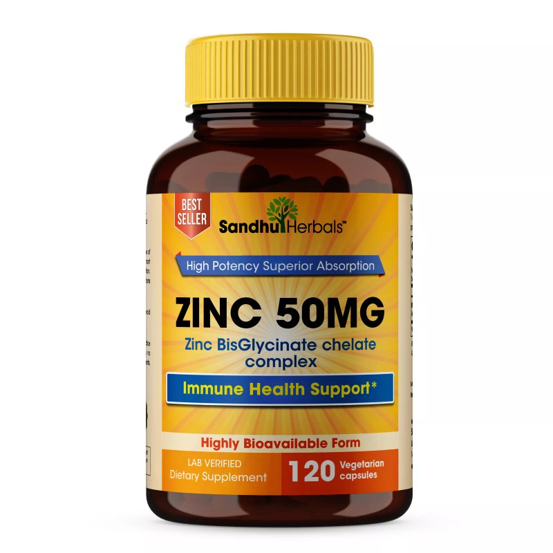 Sandhu Herbals Zinc BisGlycinate chelate zinc 50mg 120 Vegetarian Capsules-Suppo