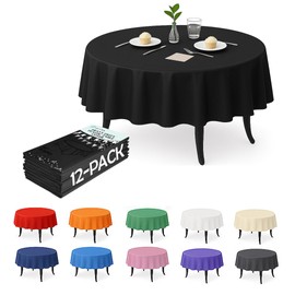Craft And Party 12-Pack Black Plastic Tablecloths – 84 Inch Round Disposable Table Covers, Heavy Duty & Waterproof for Parties, Events, Banquets, Black