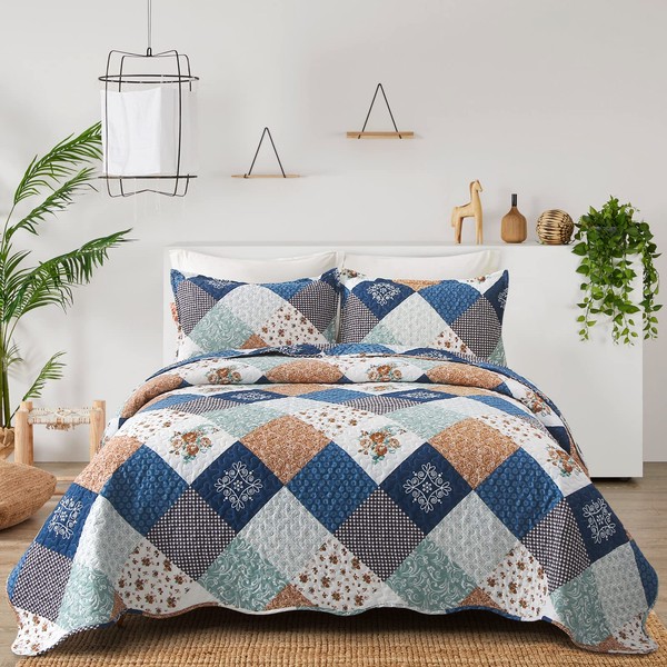 Dinjoy Reversible Patchwork Quilt Bedding Set Twin Size Blue Green