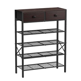 UNITSTAGE Shoe Rack for Entryway, 5 Tier Shoe Organizer with 2 Non-Woven Drawers, Metal Storage Shoe Shelf for 16-20 Pairs of Shoes, with Wooden Top and Steel Frame, Shoe Stand for Closet Dark Brown