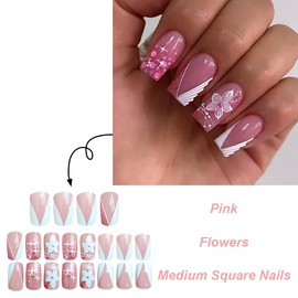 24 Pcs Spring Press on Nails White French Fake Nails Set Short Square False Nails Flower Glitter Designs Glossy Full Cover Nails Kit Stick on Nails for Women Nail Art Decorations
