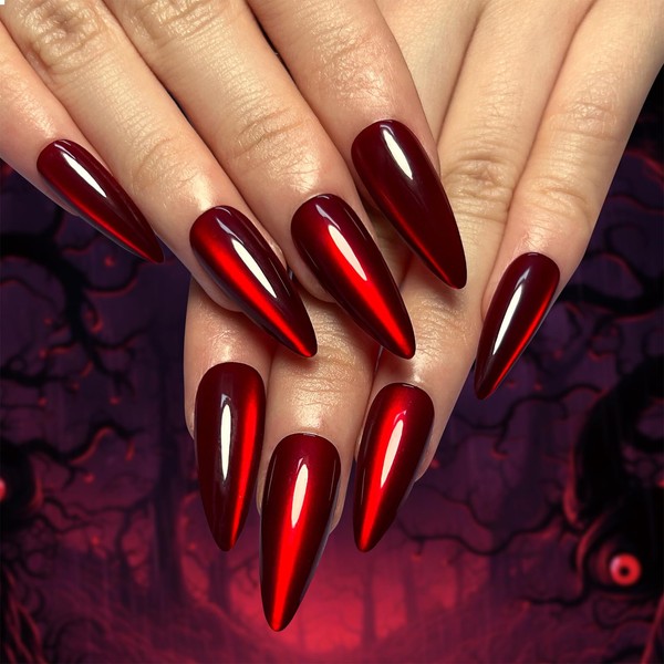 GlamRays Press on Nails Long Almond Fake Nails Red Cat's
