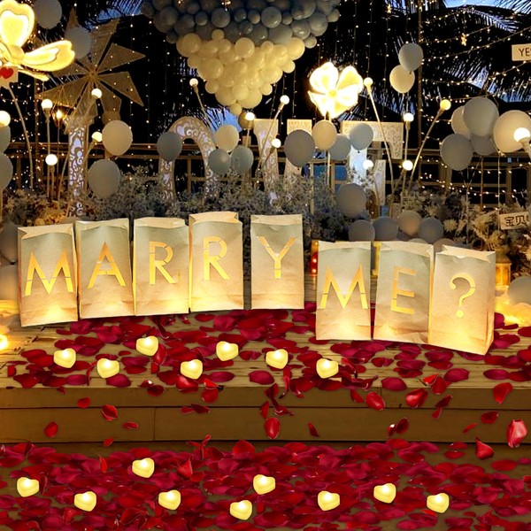 Timisea Marry Me Sign Luminary Letters Paper Bags Wedding Proposal Decorations with Red Rose Petals Heart Flameless Candles Tealight for Night Valentine's Day Engagement Party, 4055PCS