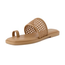 CUSHIONAIRE Women's Kiss toe ring basket weave sandal +Memory Foam, Wide Widths Available, Tan 9 W