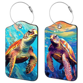 Neidius 2 Pack Luggage Tags for Suitcase,PU Leather Travel Cruise Luggage Tag with Privacy Cover,Name ID Label and Steel Ring,Travel Essentials for Women Men (Watercolor Sea Turtle)