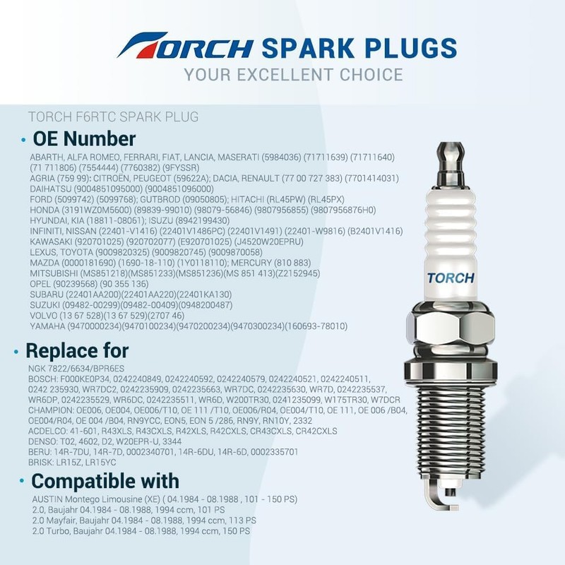 TORCH F6RTC Spark Plug Repalce for 995/WR6DC 7900/WR7DC, RN9YC RN10YC