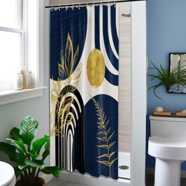 QGHOT Mid Century Modern Navy Blue Shower Curtain Boho Dark Blue and Gold Leaves Shower Curtains for Mens Bathroom Decor Sets, Waterproof Cloth Fabric with Hooks, 48x72in