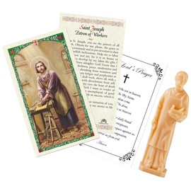 Small St Joseph The Worker Statue (3.5 Inch) with Laminated St Joseph Prayer Card, The Lord's Prayer Card | Saint Joseph The Worker Statue Figurine, Patron Saint of Workers, Employment |3 Items Set