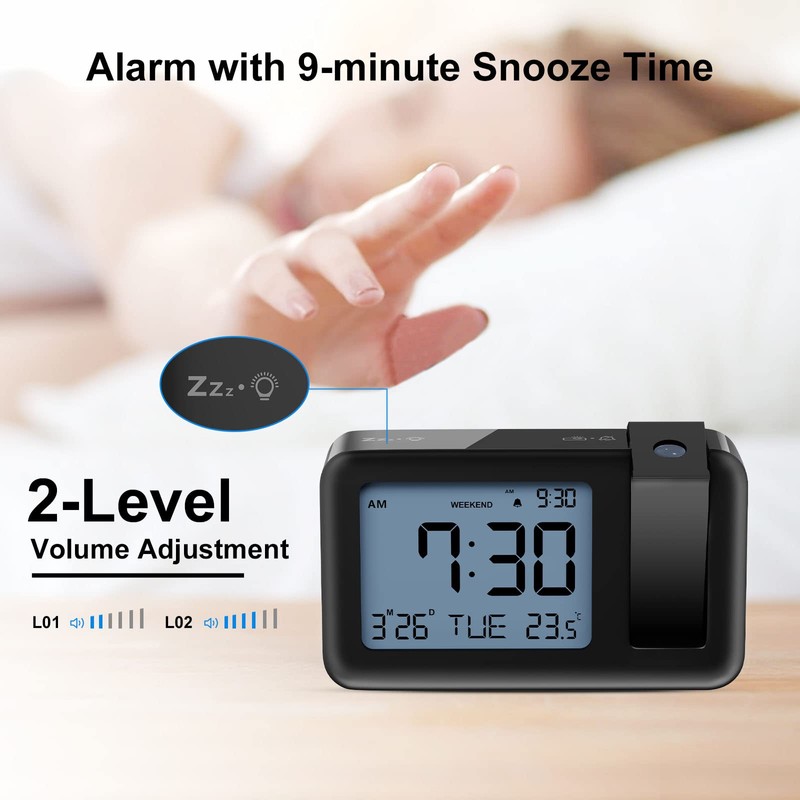 CHEREEKI Projection Alarm Clock, Alarm Clock with Indoor Temperature, 4