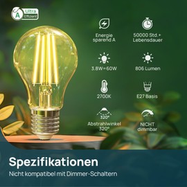 Linkind Ultra Efficient E27 Vintage Bulb, 3.8 W = 60 W, 2700 K Warm White with Energy Class A, Filament A60 Edison 806 Lm, 320° Beam Angle, Clear, Pack of 2