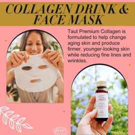 TAUT Marine Collagen Drink & Face Mask – 13,000mg Hydrolyzed Collagen Protein with Hyaluronic Acid for Youthful, Radiant Skin – Includes 15 Bottles and 5 Masks (30-Day Supply)