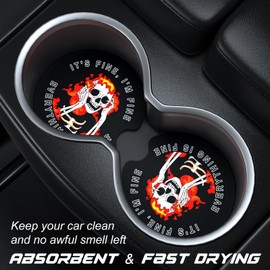 Aiawoxc Car Cup Holder Coasters, 2 Pack Universal Auto Anti Slip Insert Coaster with A Finger Notch, Cute Car Assecories for Women Men, Cup Mat for Most Interior, Fine Skull