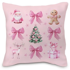 Nvotell Pink Coquette Christmas Pillow Covers 18x18 - Pink Christmas Tree Gingerbread Reindeer Decorations Indoor, Pink Coquette Bows Room Decor