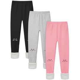 Cooraby 3 Pack Girls Fleece Lined Leggings Cotton Kitty Printed Winter Warm Tights Thick Elastic Thermal Pants for Kids
