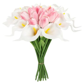 DEEMEI 16Pcs Artificial Pink Tulips & White Calla Lily Silk Fake Flowers 13.4" for Easter Mother's Day Home Kitchen Wedding Decorations
