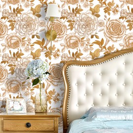 FunStick 17.5"x590" White and Gold Wallpaper Peel and Stick Antique Floral Wallpaper Vintage Floral Contact Paper Peel and Stick Removable Flower Wall Paper Decor for Living Room Shelves Renters Vinyl