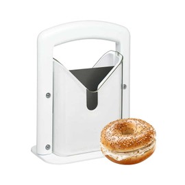 Bagel Slicer,Bagel Precision Slicer,Bagel Cutter,Bagel Cutter with Safety Shield and Safe Grip,Bagel Holder for Cutting Large and Small Bagels,Stainless Steel Blade,6.8" L x 3.7" W x 8.8" H,White