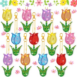 12 Pieces Spring Tulip Diamond Painting Keychain 5D DIY Diamond Painting Kit Flower Hanging Diamond Art Kits Spring Colorful Tulip Ornaments for Kids Spring Crafts Family Decor (Tulip Style)