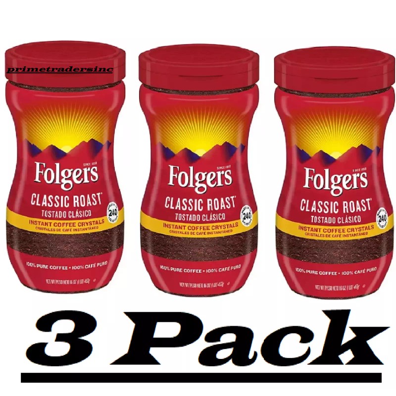 Folgers 3 Pack - Folgers Classic Roast Instant Coffee Crystals,