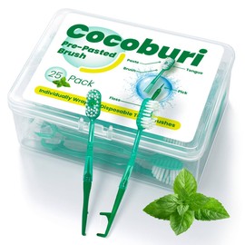 COCOBURI 25 Packs Mini Disposable Toothbrush with Toothpaste&Toothpick,Mint