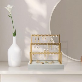SANY DAYO HOME 3-Tier Earring Holder Organizer Stand, 105 Holes Gold Metal Earring Rack Jewelry Display Tree with Gray Wood Tray for Women and Girls