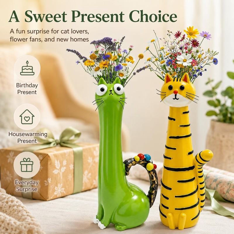 2 Pcs Quirky Cat Vases, Whimsical Resin Kitty Flower Vases,