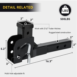 Fullwatt Folding 2" Trailer Hitch Adapter, Hitch Extender 2 Inch with 16.3'' Length, 500LB Extension Compatible
