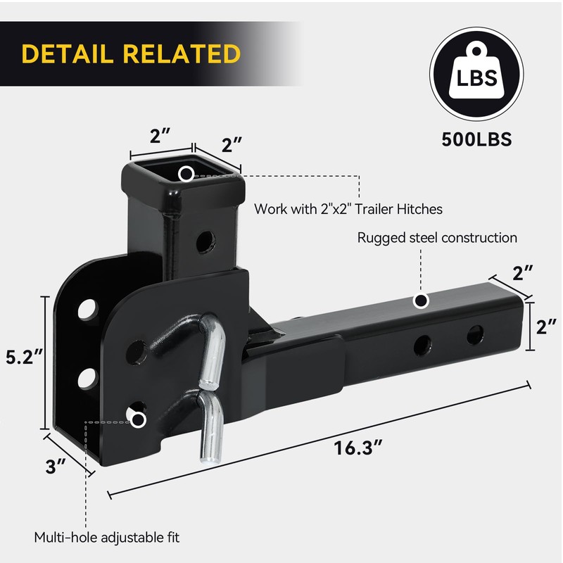 Fullwatt Folding 2" Trailer Hitch Adapter, Hitch Extender 2 Inch