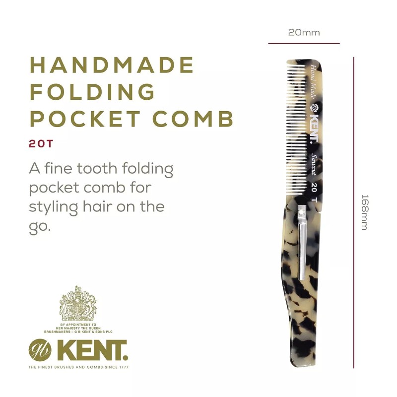 Kent 20T Handmade Folding Pocket Comb for Men, Fine Tooth