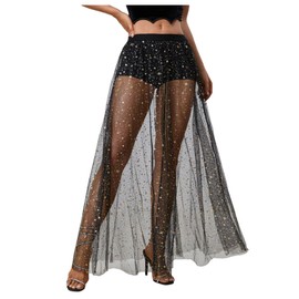 Milumia Women's Sheer Mesh Skirt See Through A Line High Waist Maxi Skirt Gold Star X-Large
