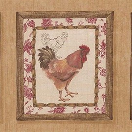 CONCORD WALLCOVERINGS ™ Wallpaper Border Kitchen Pattern Roosters in Wooden Frame for Dining Area Cottage, Brown Cream Red Beige, 8 Inches by 15 Feet 5506052