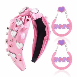 MEFINESHOW Valentine's Day Headband Jeweled Headbands for Women Pink Valentines Day Headband and Earrings Rhinestone Crystal Top Knot Headband Valentines Accessories for Women
