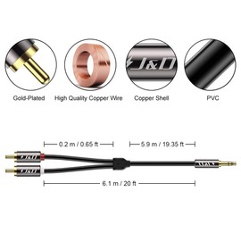 J&D RCA Audio Cable, 3.5mm Male to 2 RCA Phono Male Stereo Audio Adapter Aux Cable Gold-Plated Copper Shell Heavy Duty, 6 Meter