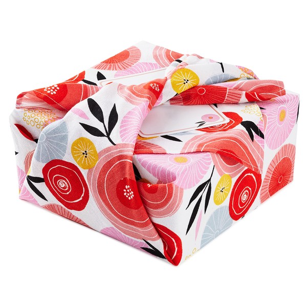 Hallmark Reusable Fabric Gift Wrap (1 Sheet: 26" x 26" Pink and Orange Modern Floral) for Easter, Birthdays, Bridal Showers, Mother's Day and More