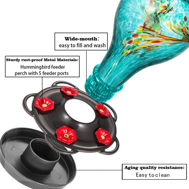 LUJII Hummingbird Feeder, Hand Blown Glass Hummingbird Feeder, Never Fade,
